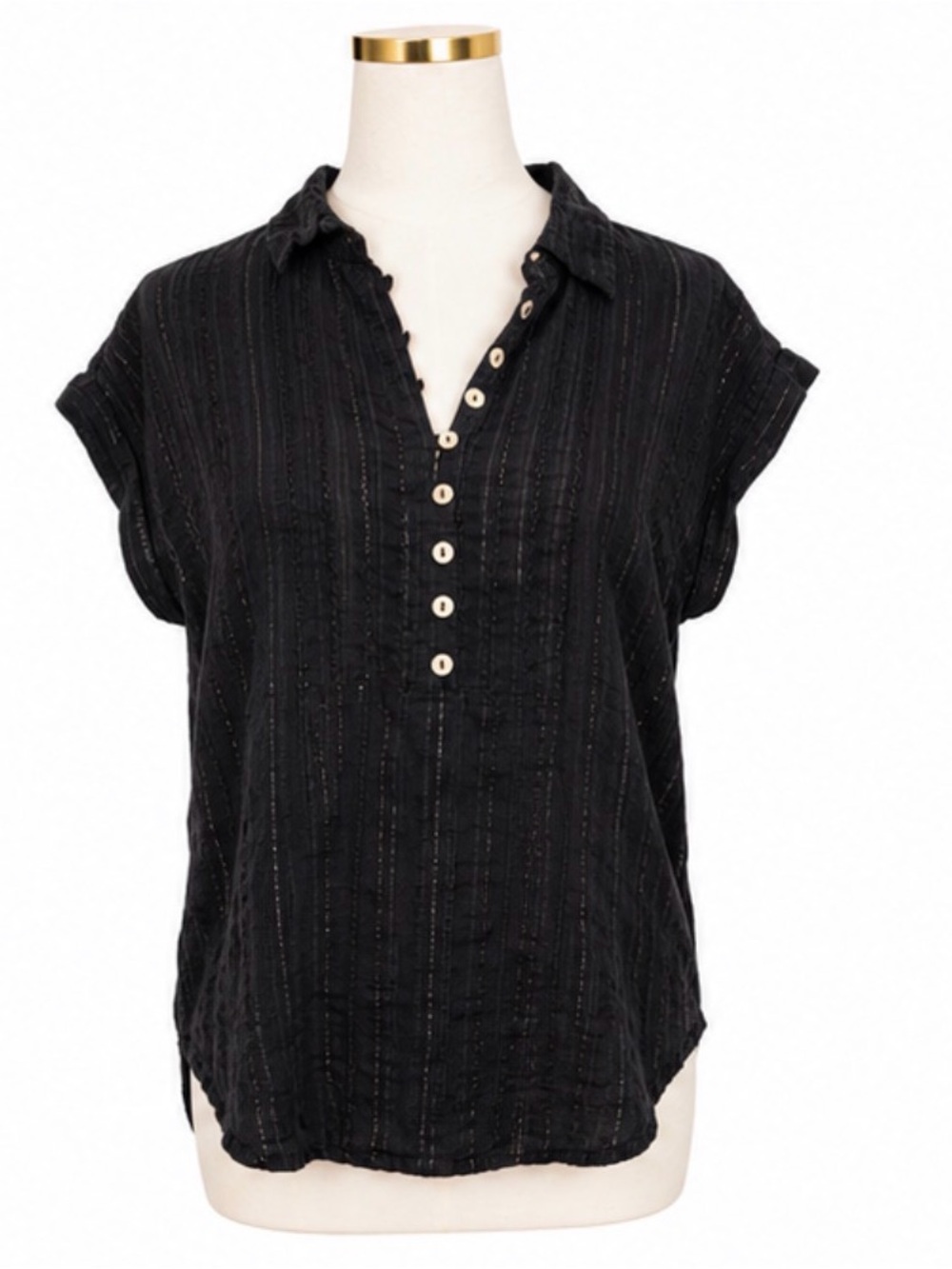 Lucky Brand Black Metallic Stripe Button Front Blouse Size Large